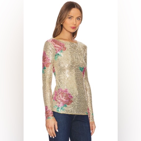 Free People Gold Rush Sequin Floral Long Sleeve Top Champagne
